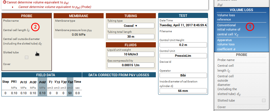 Creating a new probe in volume loss test form